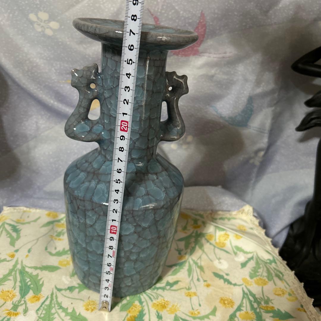 青磁（せいじ）の花瓶 青色ドラゴンハンドル花瓶