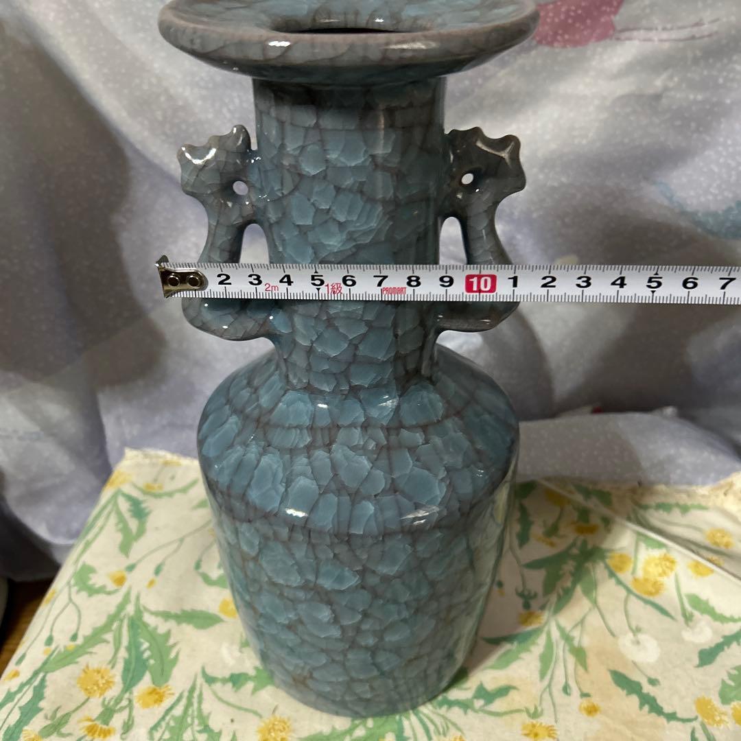 青磁（せいじ）の花瓶 青色ドラゴンハンドル花瓶