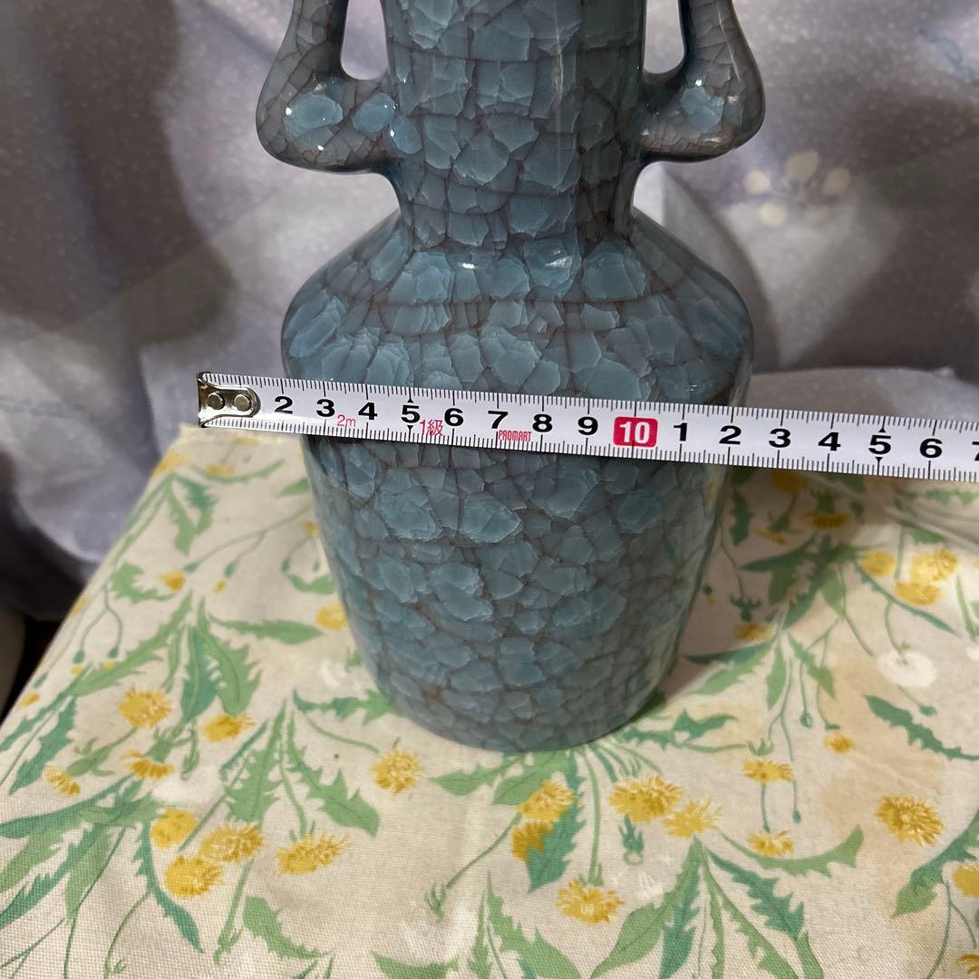 青磁（せいじ）の花瓶 青色ドラゴンハンドル花瓶