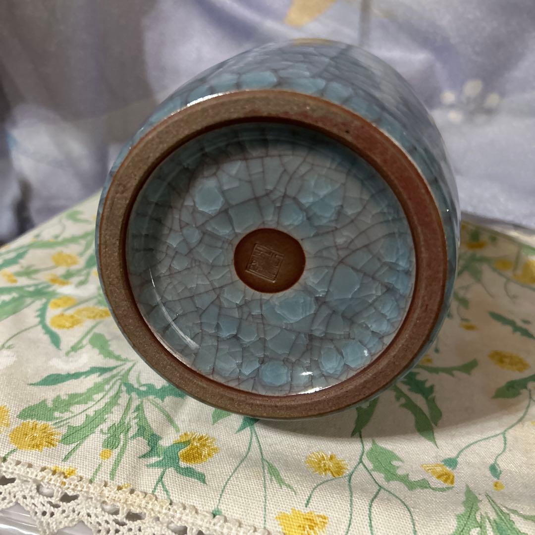 青磁（せいじ）の花瓶 青色ドラゴンハンドル花瓶