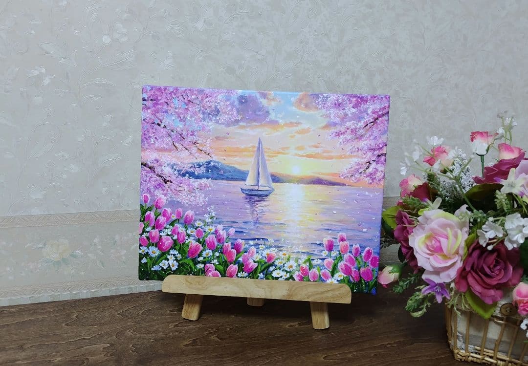 N*d様 【湖畔に咲く花】アクリル画 F3 風景画 絵画