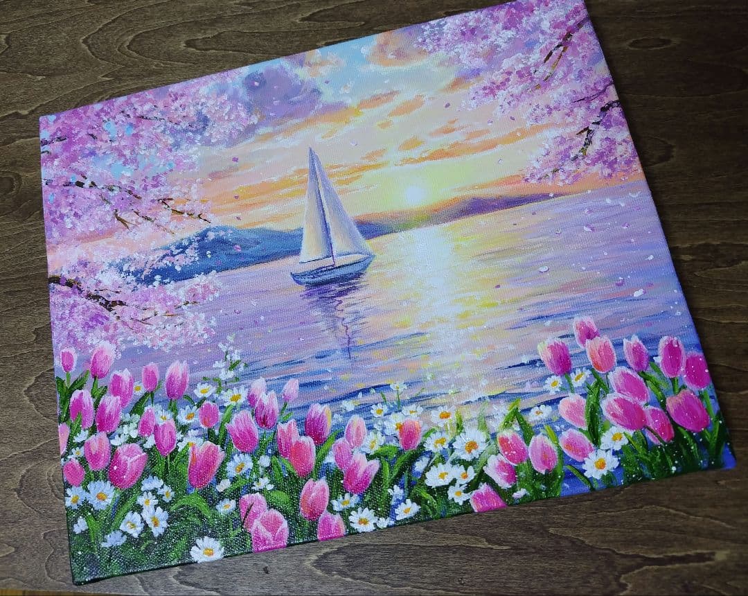 N*d様 【湖畔に咲く花】アクリル画 F3 風景画 絵画