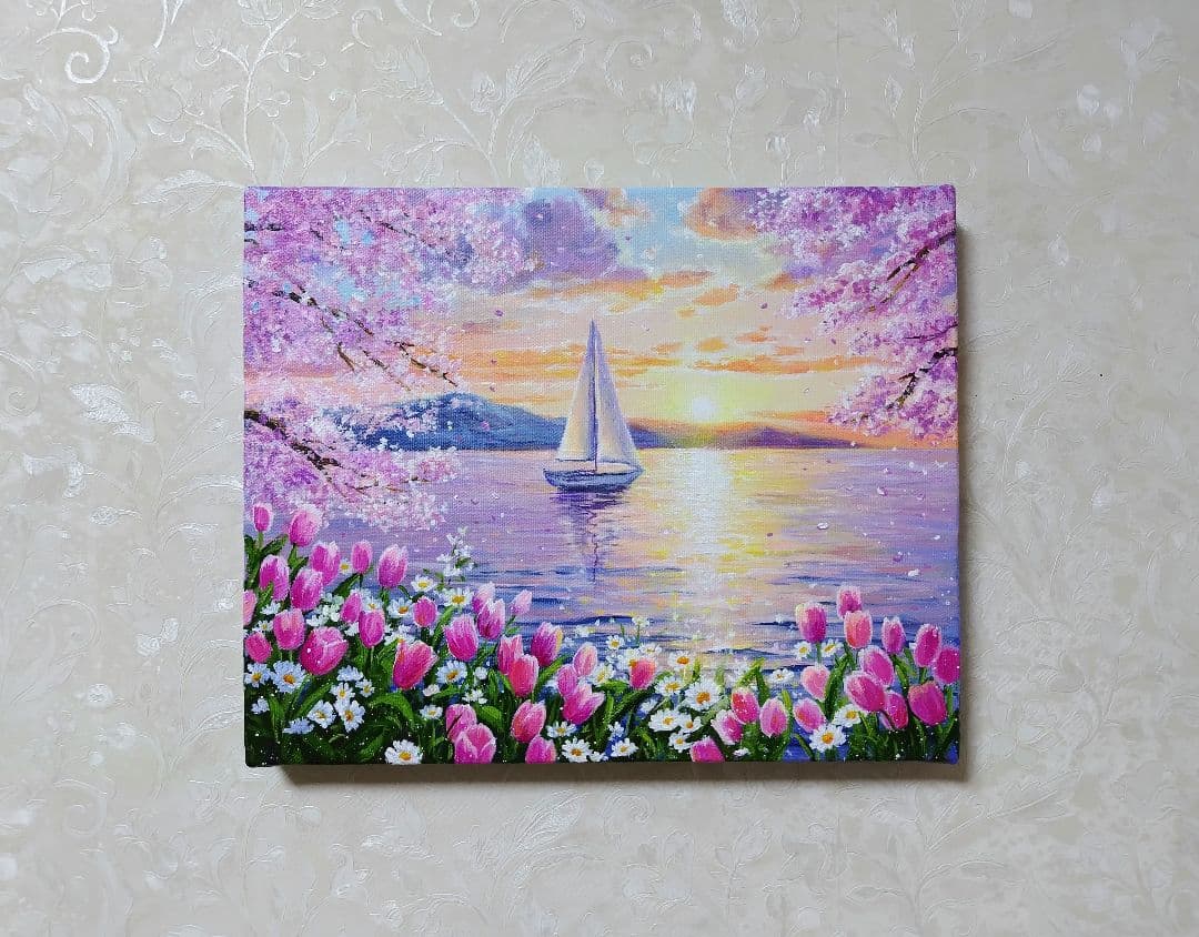 N*d様 【湖畔に咲く花】アクリル画 F3 風景画 絵画