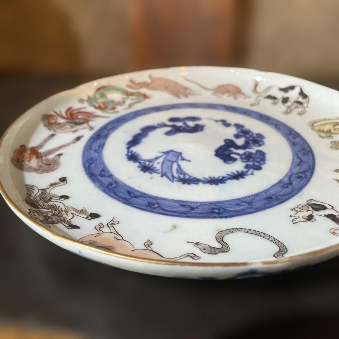 古伊万里　色絵染付松竹梅十二支文皿