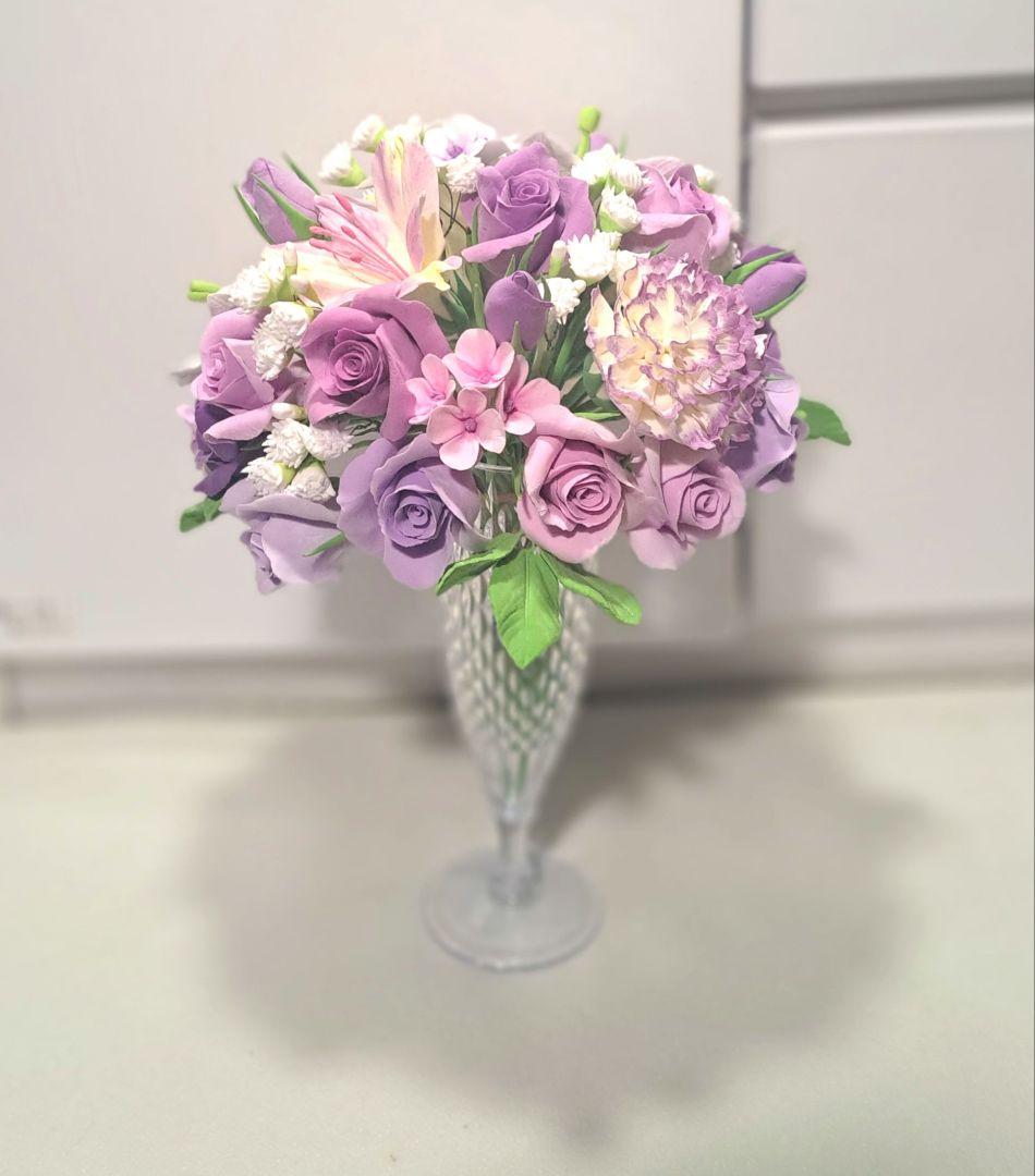 ミミ☆紫色のクレイフラワー花瓶無し とピンクの花 花瓶付き 樹脂粘土