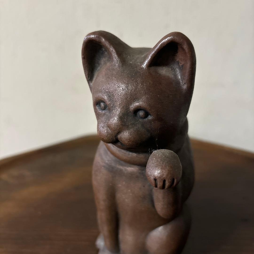 時代備前招き猫　明治　古道具　アンティーク骨董 縁起物　眠り猫　福助　検:李朝