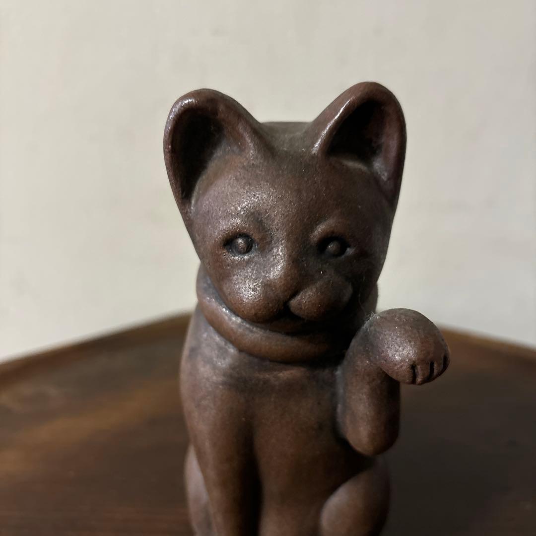 時代備前招き猫　明治　古道具　アンティーク骨董 縁起物　眠り猫　福助　検:李朝