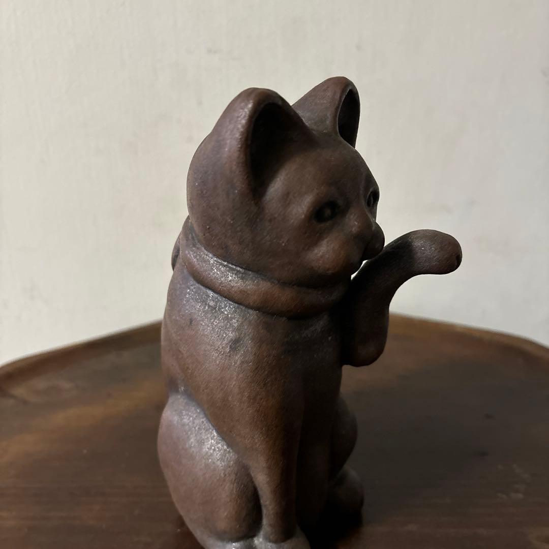 時代備前招き猫　明治　古道具　アンティーク骨董 縁起物　眠り猫　福助　検:李朝