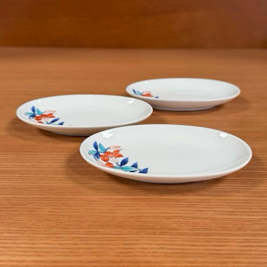 伊万里焼：畑萬陶苑：五草花 赤ユリ 楕円小皿×3枚セット☆
