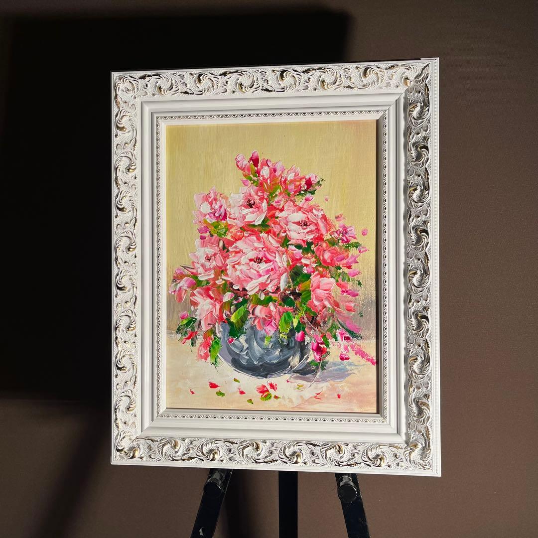★秀作★ 手書き油絵 花瓶の花 絵画 額付き インテリア 油彩画