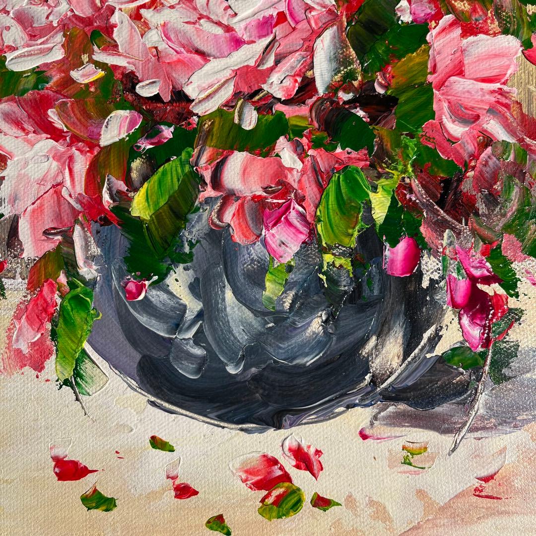 ★秀作★ 手書き油絵 花瓶の花 絵画 額付き インテリア 油彩画