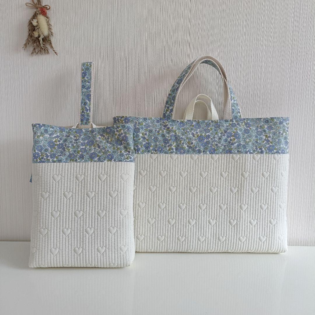 23.レッスンバッグ 2点セット ヌビ ハート 花 ブルー/オフホワイト