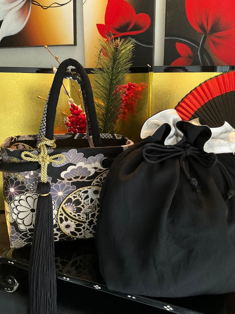 一閑張り　一閑張りバッグ　古文書　和紙　花絵柄　大正　着物　梅　京友禅　牡丹　菊