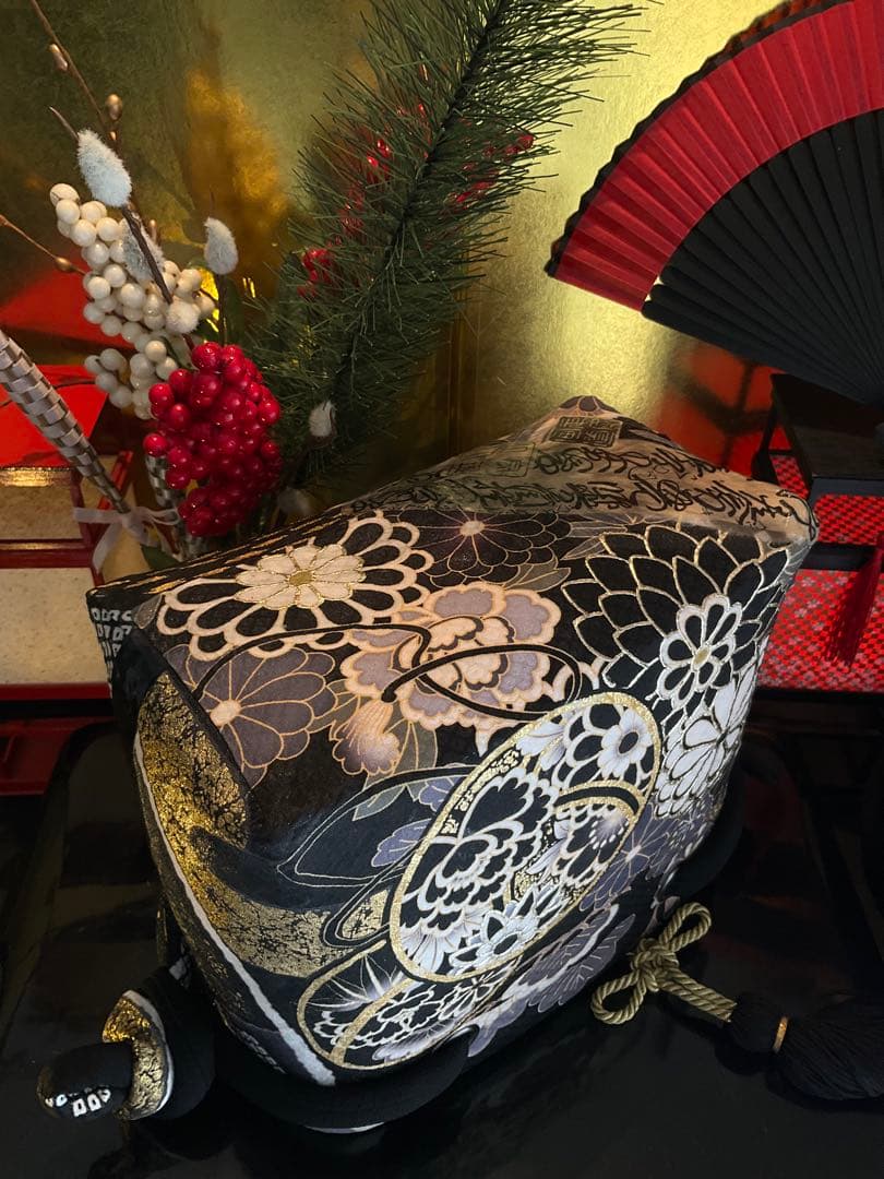 一閑張り　一閑張りバッグ　古文書　和紙　花絵柄　大正　着物　梅　京友禅　牡丹　菊