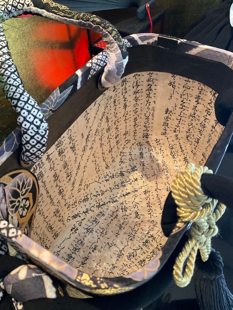 一閑張り　一閑張りバッグ　古文書　和紙　花絵柄　大正　着物　梅　京友禅　牡丹　菊