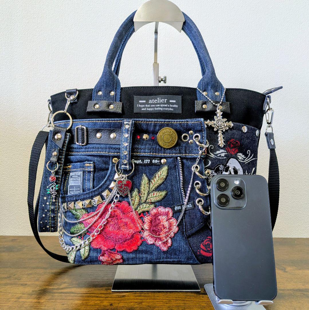 一点物 デニムリメイクバッグ 薔薇刺繍 スカル スタッズ 2way