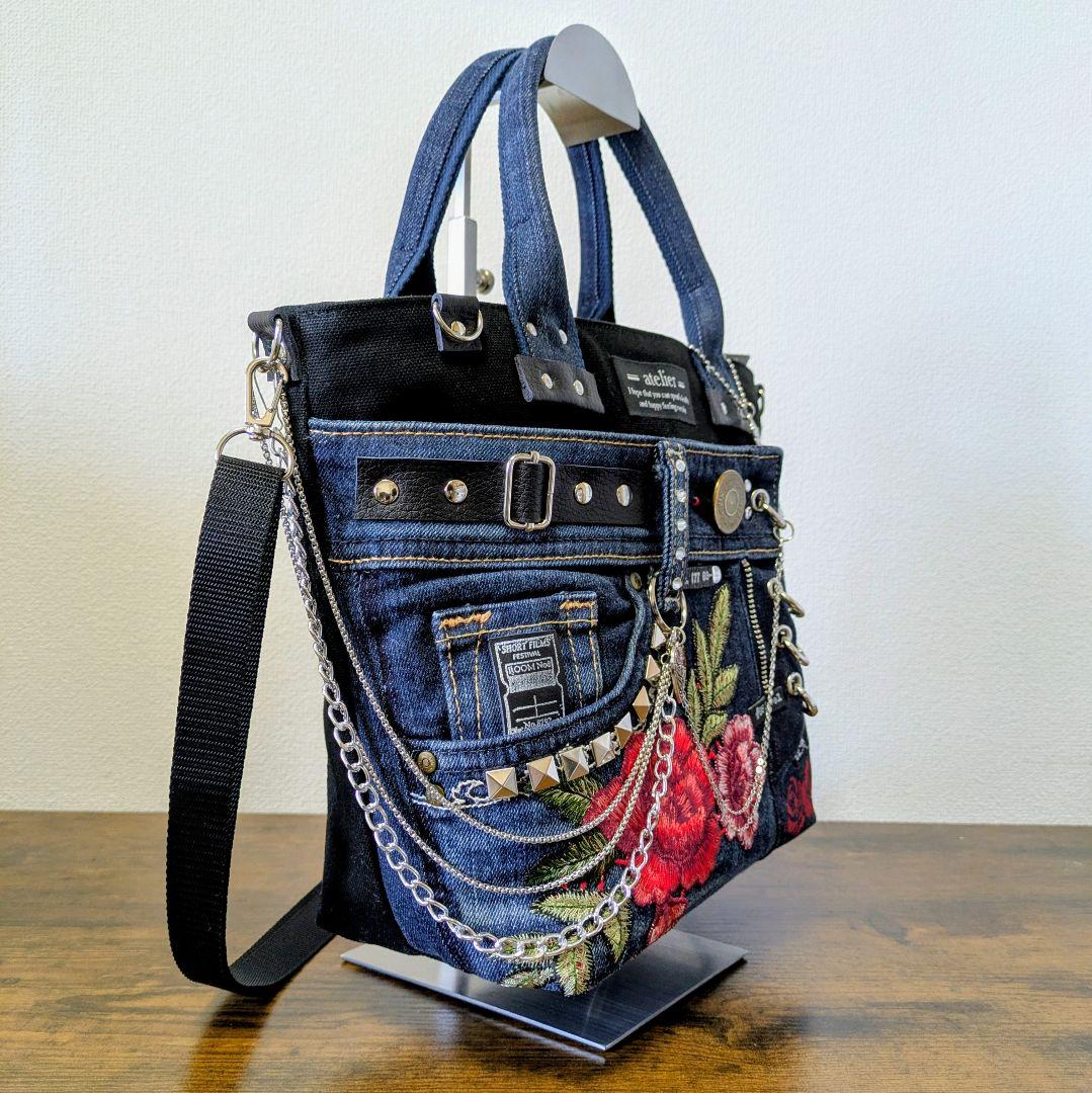 一点物 デニムリメイクバッグ 薔薇刺繍 スカル スタッズ 2way