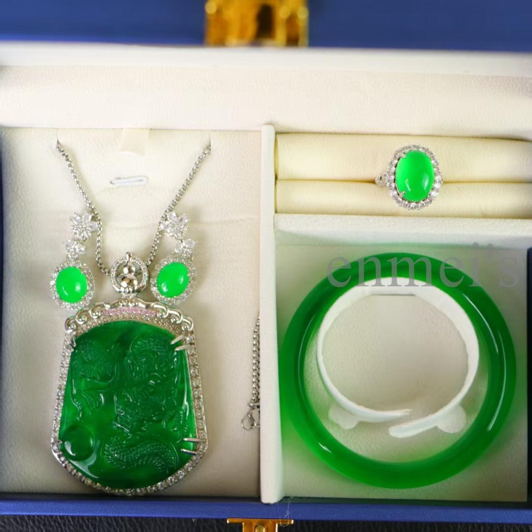 完美高氷翡翠ジュエリーセット 彫刻入り 高品質手彫り 銀細工 贈答用 美術品