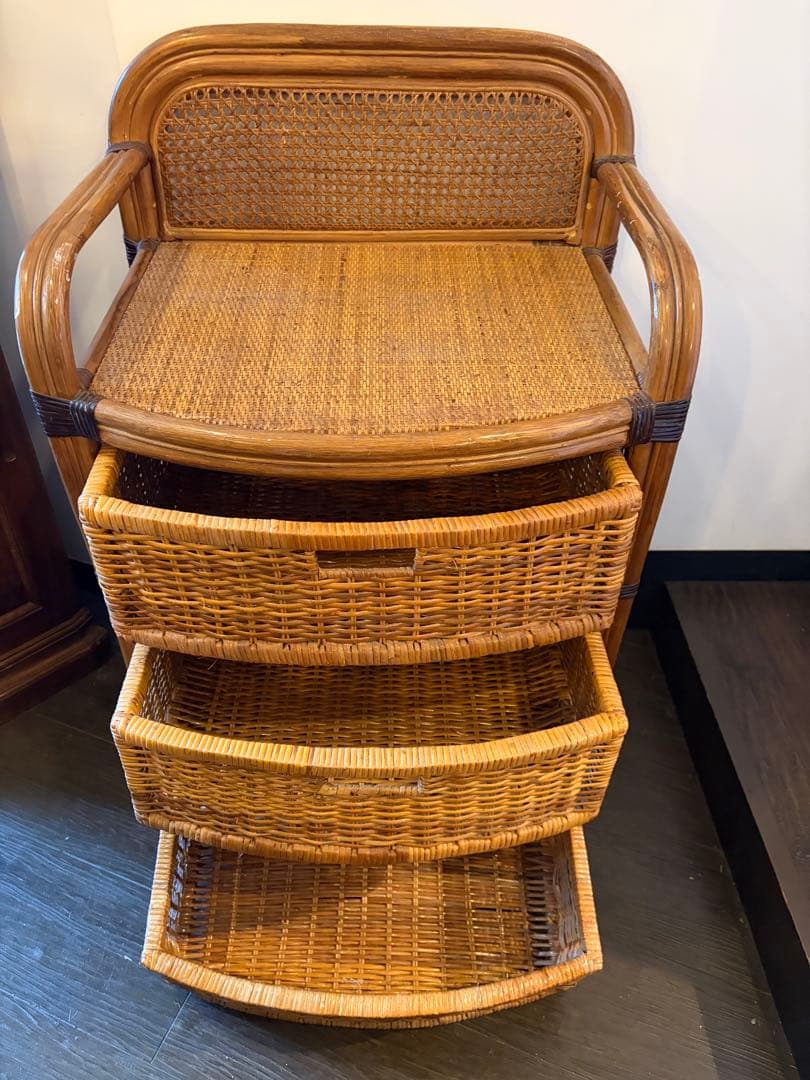 ラタン家具　チェスト 3段収納　バスケットラック　ナチュラル ヴィンテージ