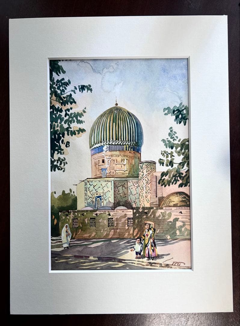 ウズベキスタンのサマルカンド　シャーヒ・ズィンダ廟群　肉筆水彩画　4作　額装