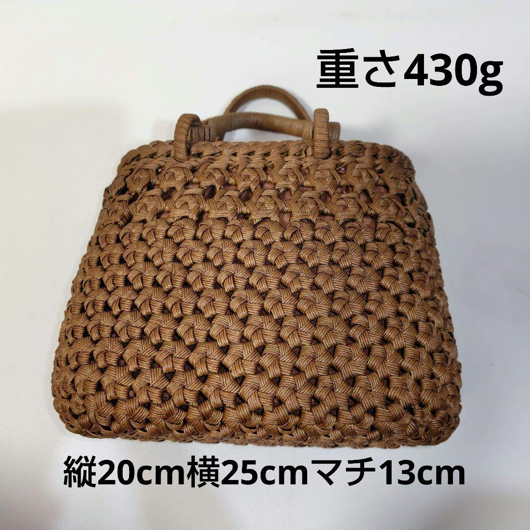 クラフトで作った山葡萄風花車編み＆花結び編み柿渋染かごバッグ（ファスナー付き蓋）
