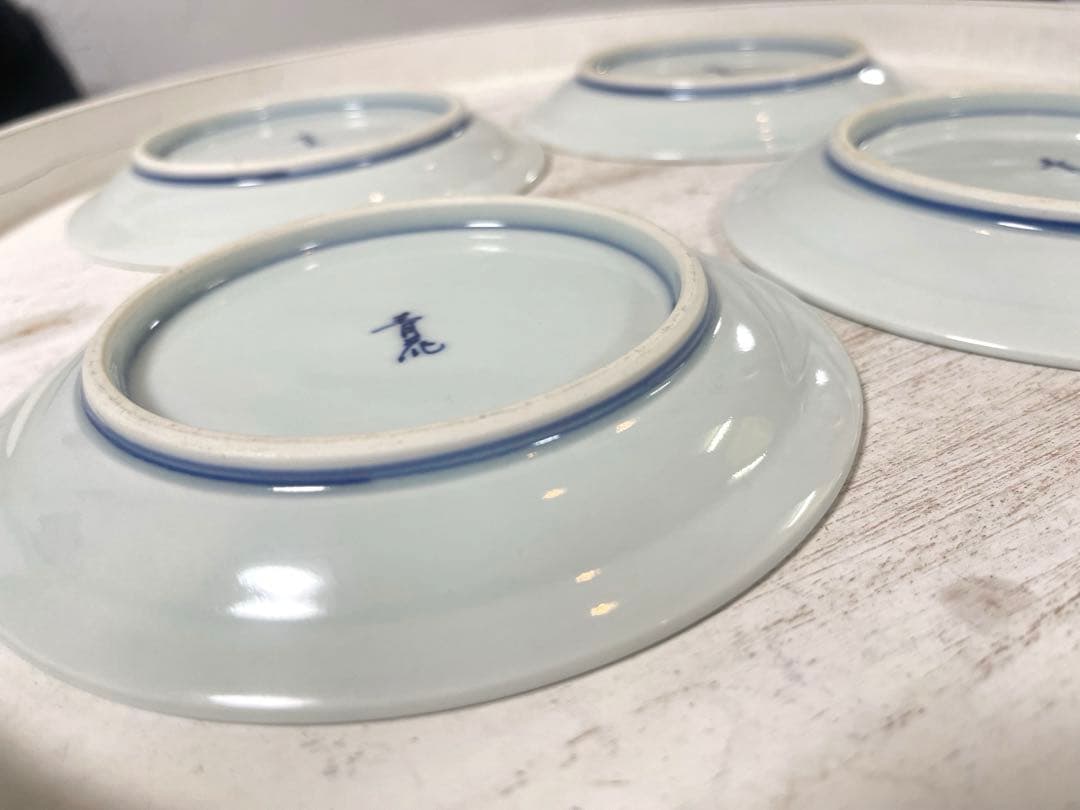 有田焼　青花 異人　船　しん窯　お皿　4枚セット　長崎紋玉渕