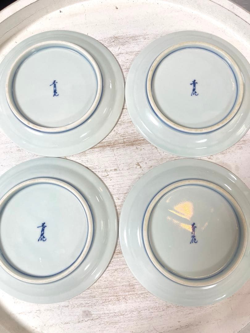 有田焼　青花 異人　船　しん窯　お皿　4枚セット　長崎紋玉渕
