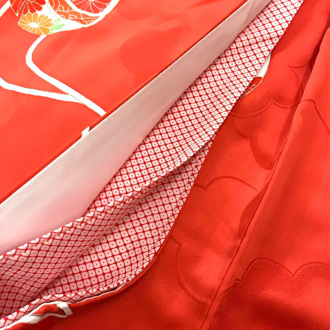 梅乃【082】正絹　7歳　四つ身　着物　朱色　鈴　手描き友禅　本加工　上質