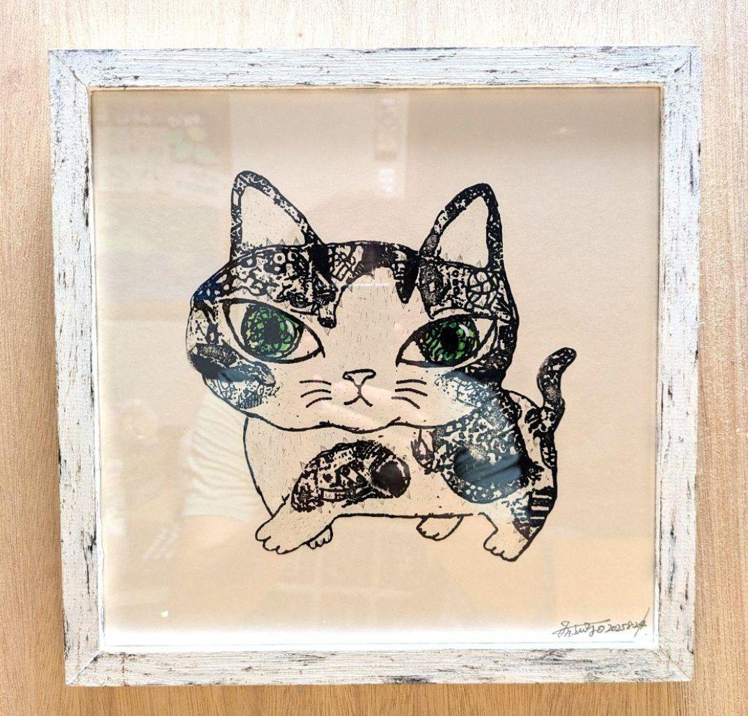 今月ラス1❗！スイカ大✨　手作り額付き銅版画作品　title「お通りニャンコ」