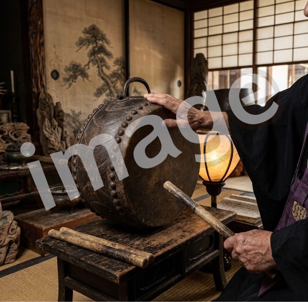 古民具 手持ち太鼓 和太鼓 レトロ 木製 持ち手付