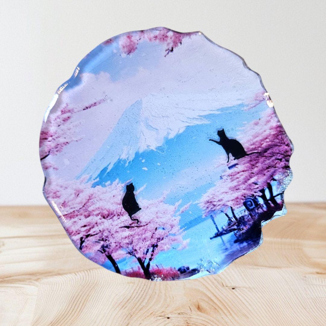 NO.965❤黒猫 富士山❤レジンへアゴム ブローチ