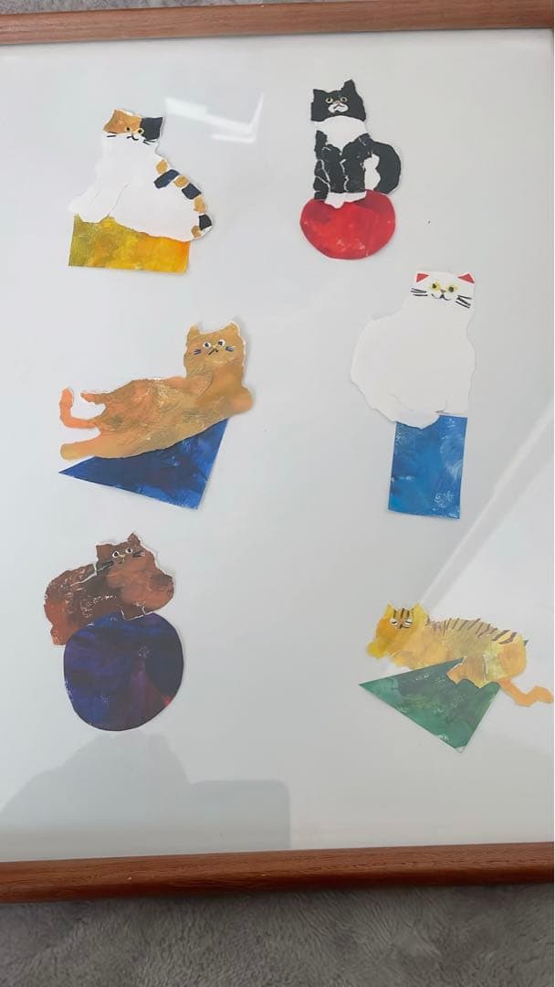 猫　絵画　天然木の額付き