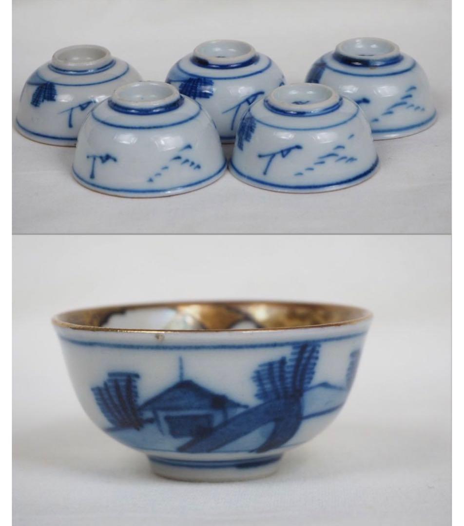 送料無料　極上品　明治～大正期九谷焼ぐい呑み（煎茶碗）5客 完品無傷