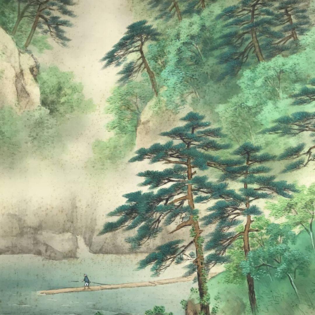 真作/松生春芳/マツイケ/嵐山春景図/青緑山水図/春/掛軸☆宝船☆AK-643