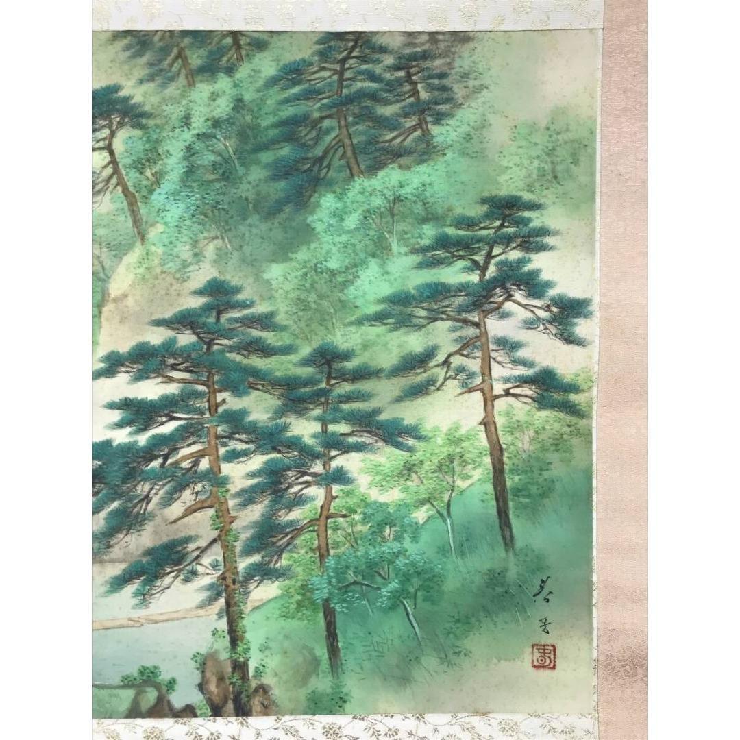 真作/松生春芳/マツイケ/嵐山春景図/青緑山水図/春/掛軸☆宝船☆AK-643