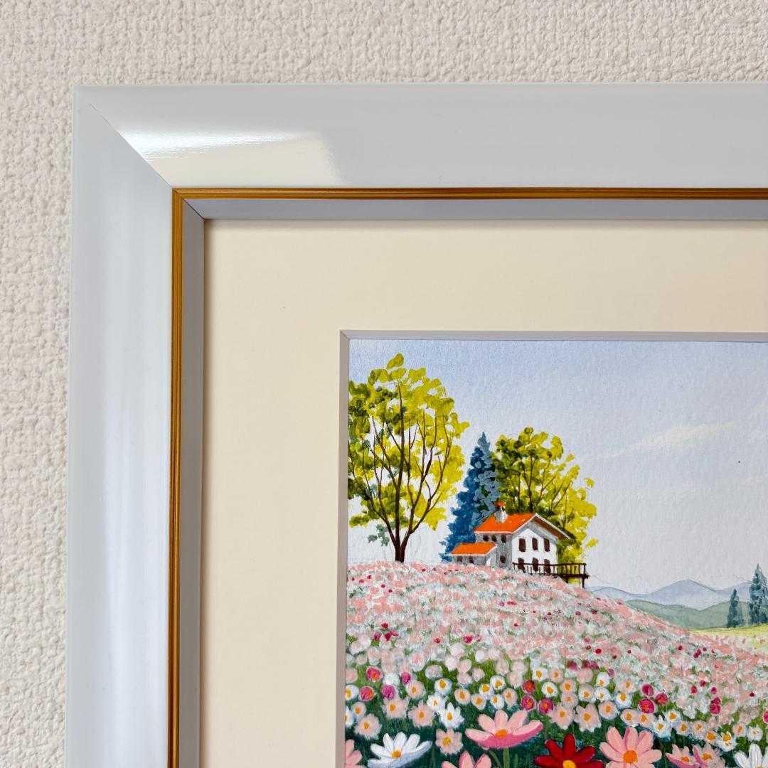アクリル画　原画　「コスモスのフィールド06」額縁付　F0サイズ　風景画