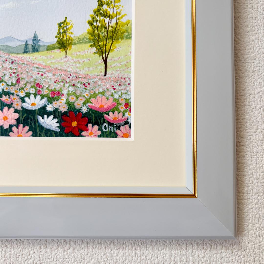 アクリル画　原画　「コスモスのフィールド06」額縁付　F0サイズ　風景画