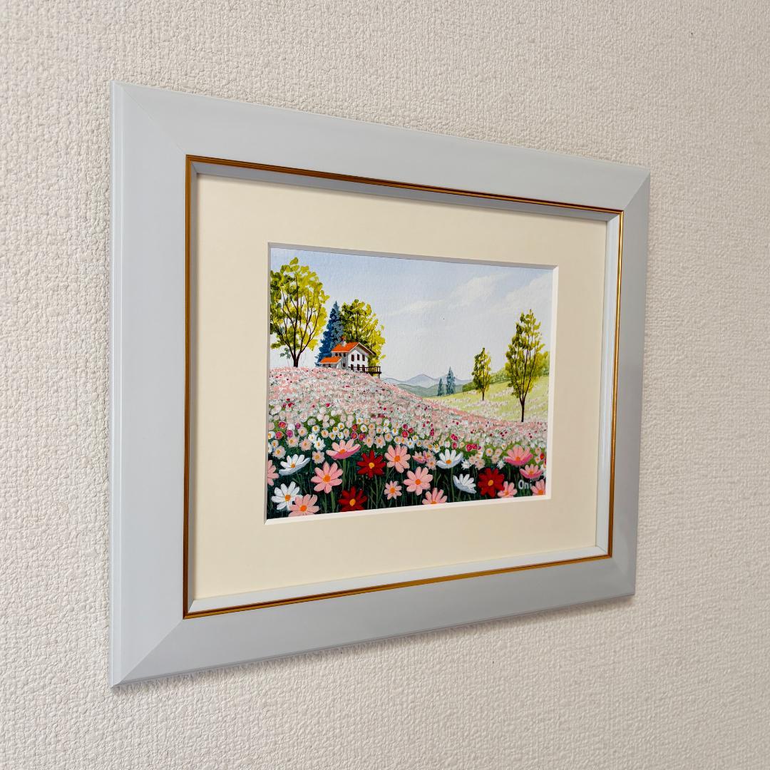 アクリル画　原画　「コスモスのフィールド06」額縁付　F0サイズ　風景画