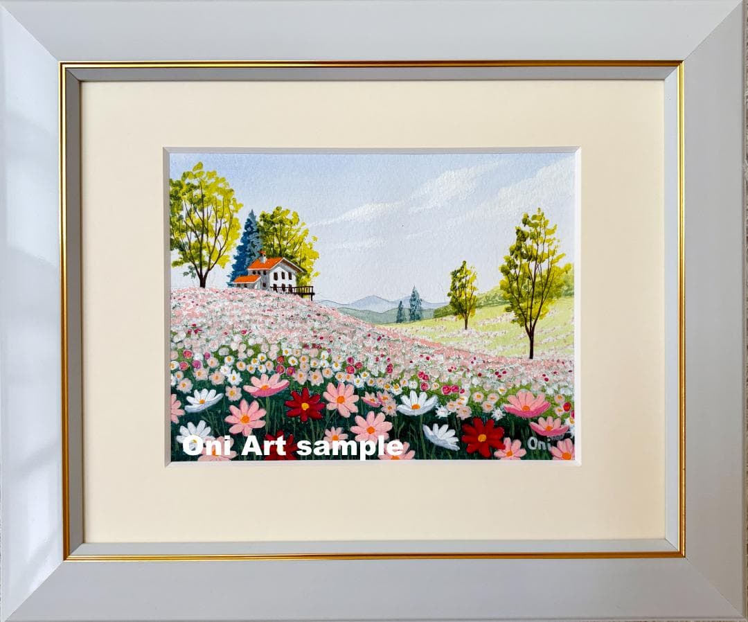 アクリル画　原画　「コスモスのフィールド06」額縁付　F0サイズ　風景画