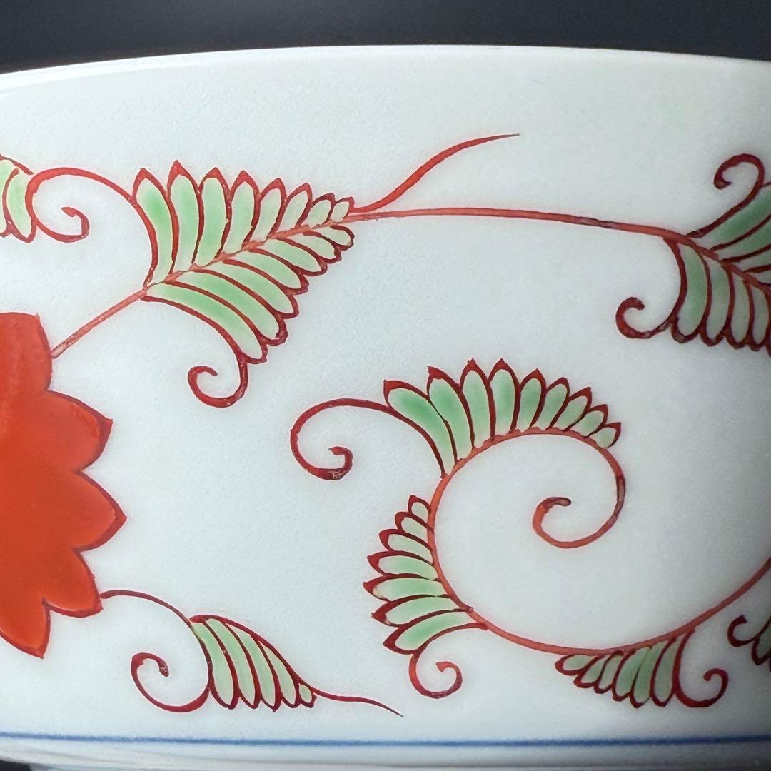 K*K様 十二代　今右衛門造　錦　赤玉絵菓子器　共箱　栞　約19cm　保管品