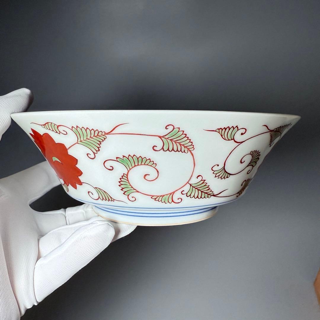 K*K様 十二代　今右衛門造　錦　赤玉絵菓子器　共箱　栞　約19cm　保管品