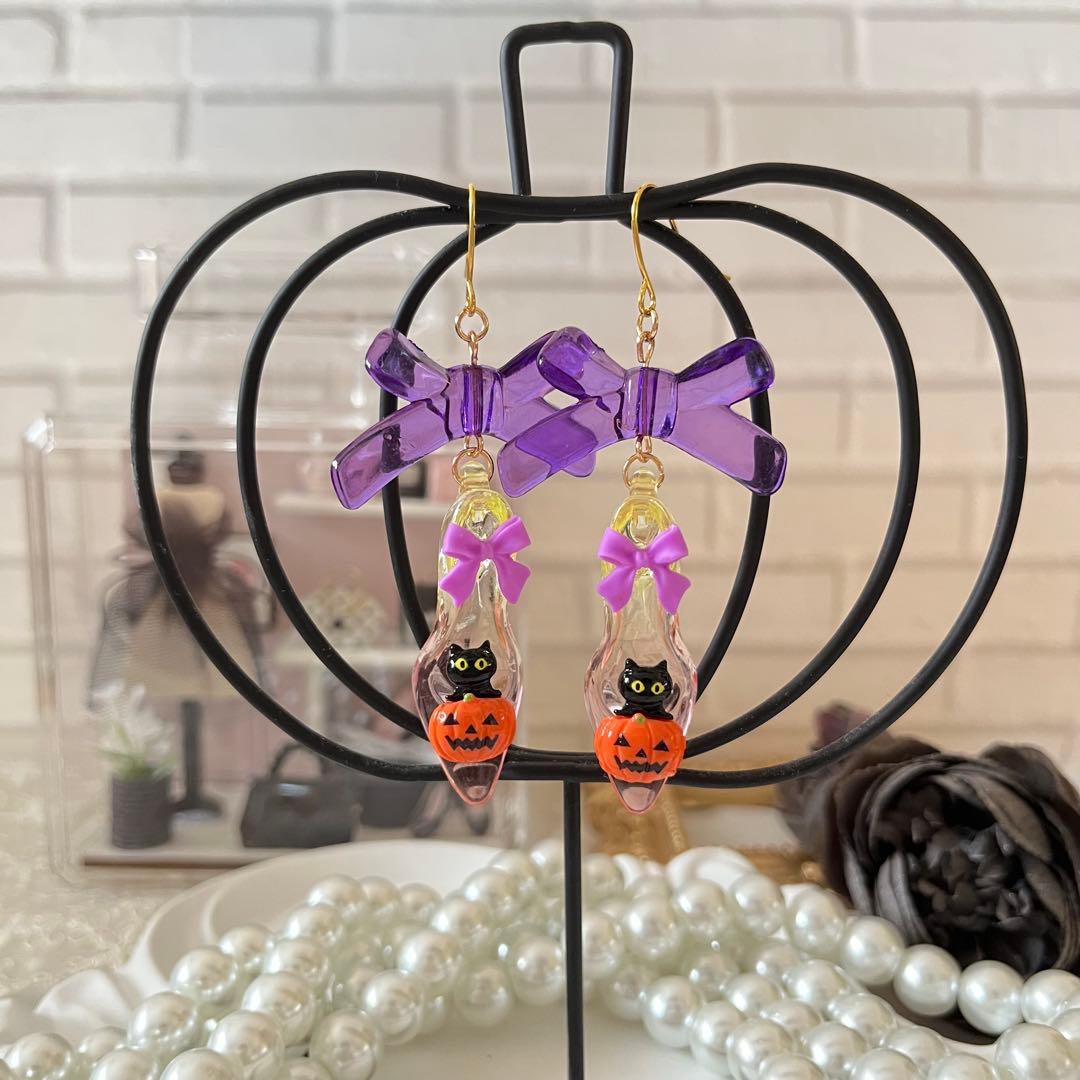 ☆❤️ハ　ハロウィン　ガラスの靴　りぼん　黒ねこ　カボチャ　ハンドメイド
