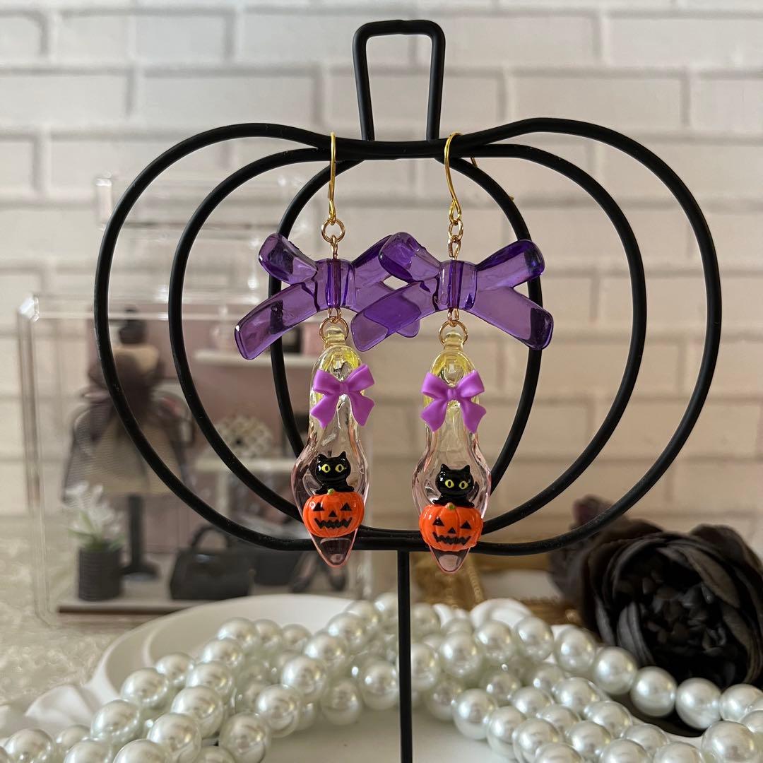 ☆❤️ハ　ハロウィン　ガラスの靴　りぼん　黒ねこ　カボチャ　ハンドメイド