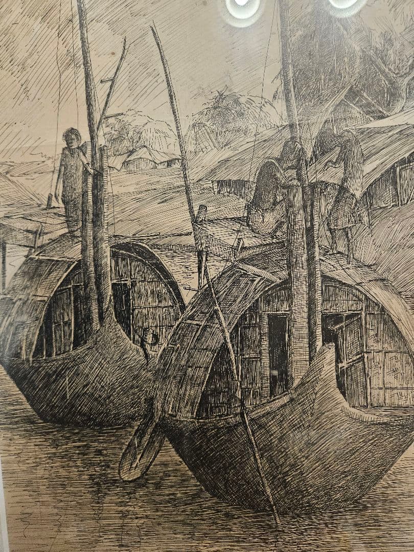 ​風景画 ペン画 1972年作 サイン有 水辺の風景 額装 アート インテリア