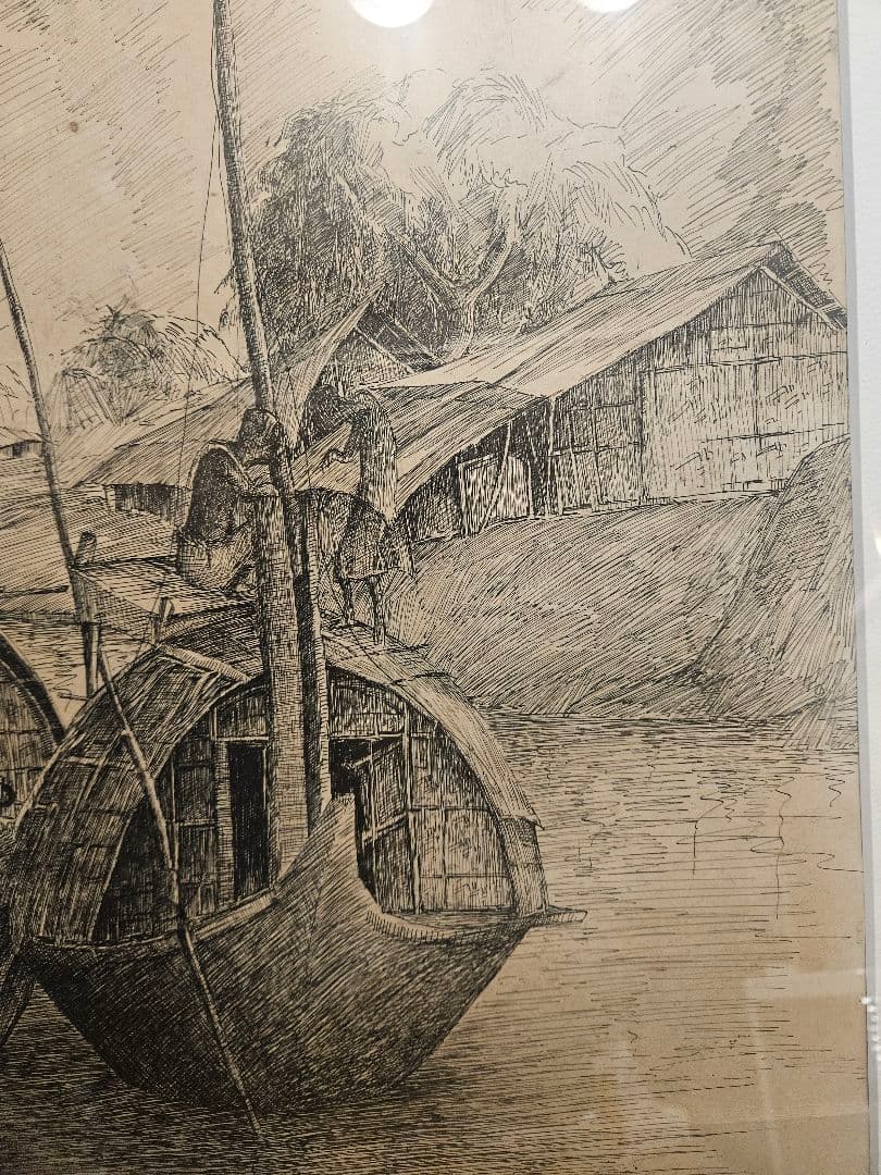 ​風景画 ペン画 1972年作 サイン有 水辺の風景 額装 アート インテリア