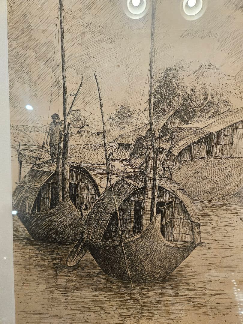 ​風景画 ペン画 1972年作 サイン有 水辺の風景 額装 アート インテリア