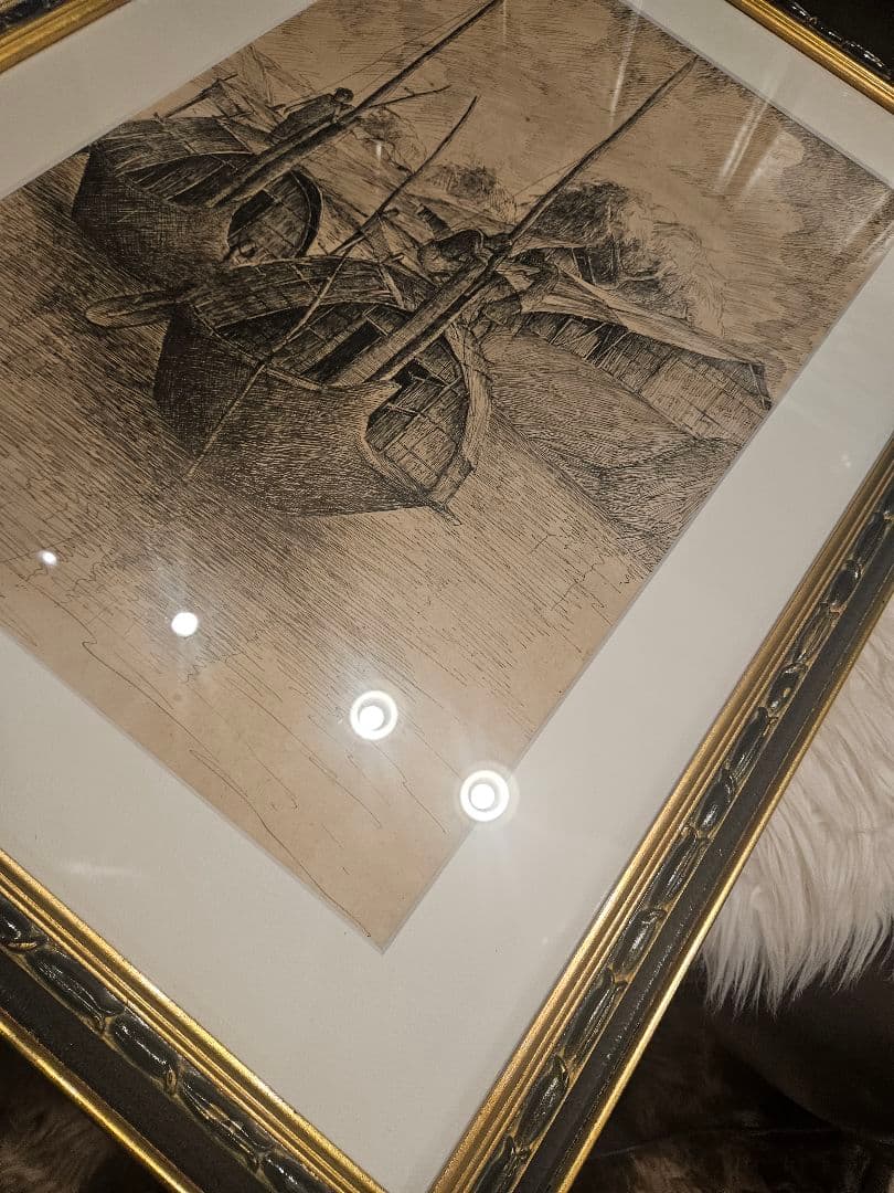 ​風景画 ペン画 1972年作 サイン有 水辺の風景 額装 アート インテリア