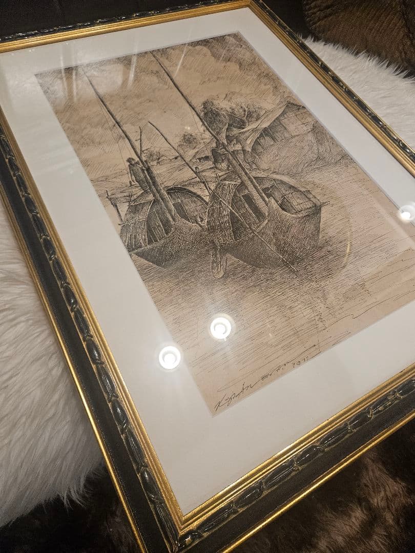 ​風景画 ペン画 1972年作 サイン有 水辺の風景 額装 アート インテリア