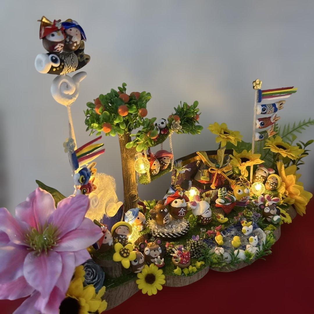 どんぐりアート♡端午の節句BIGオブジェひまわり　クレマチス添え一点物♡