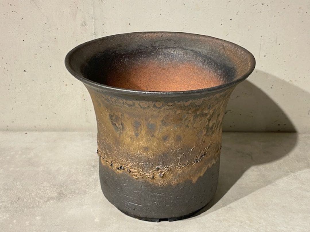 美品◾️KAMIYAMAかみ山陶器 信楽焼植木鉢◾️金彩/金窯変深ソリ/OOSORI